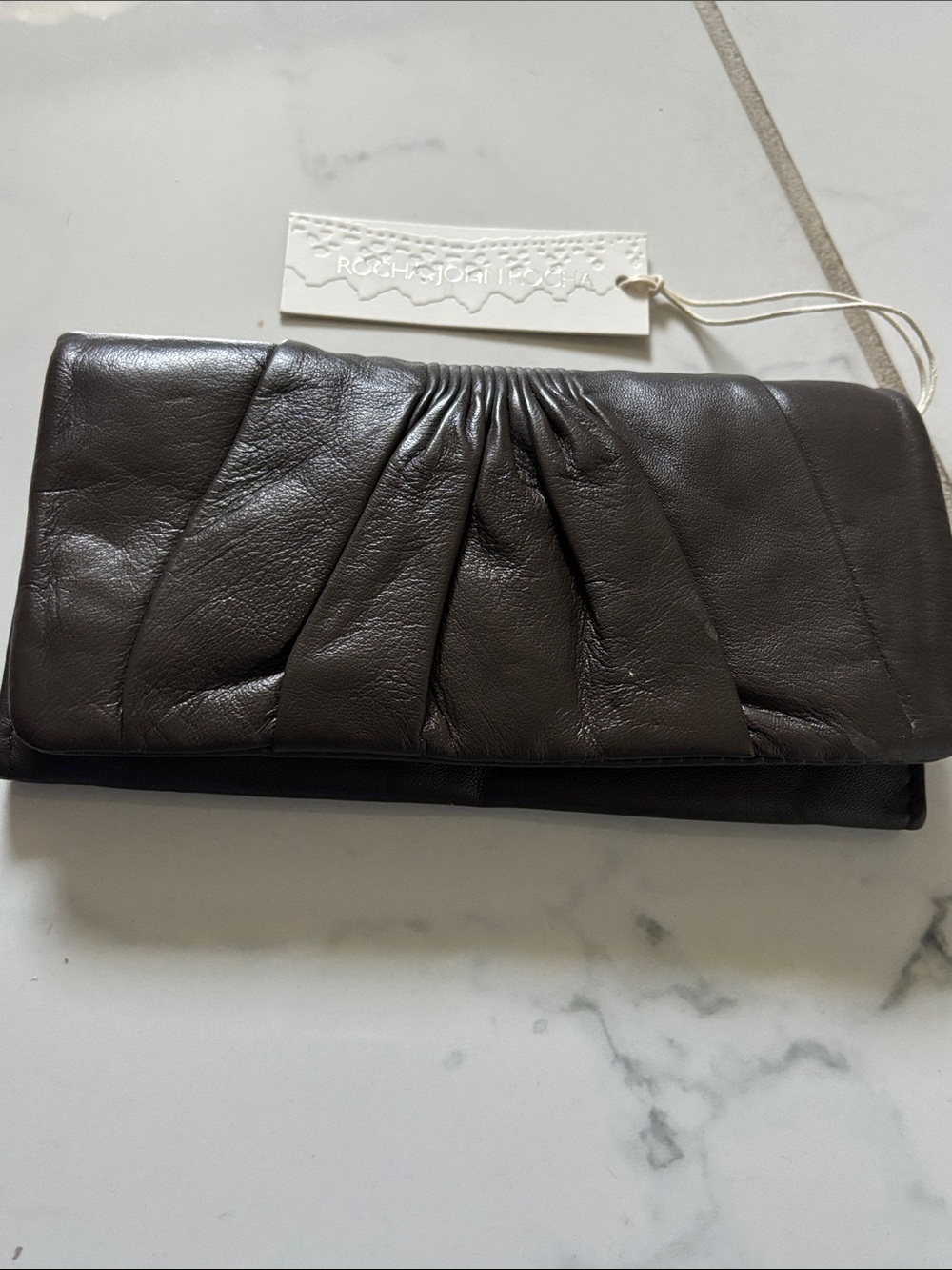 Rocha.john Rocha  Dark Brown Gathered Leather Foldover Clutch